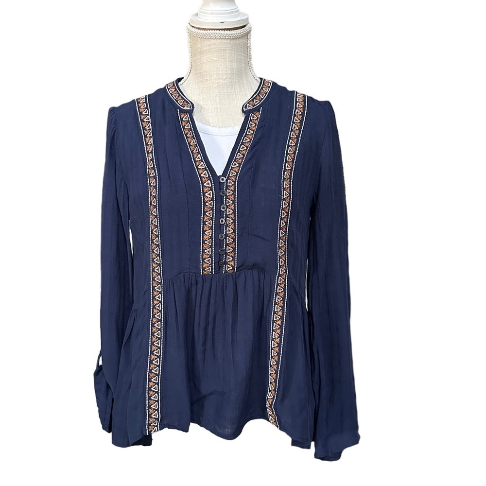 Knox Rose Navy Blue BOHO V-Neck Top Size: S